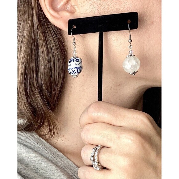 Night Owl Ceramic Bird Crackle Quartz Moon Dangle Earrings - Picture 7 of 7